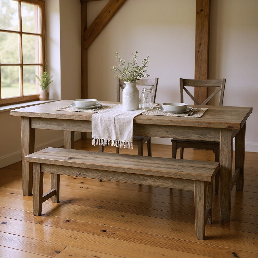 Distressed Wood Dining Bench – 48", Weathered Gray, Farmhouse Style view 4