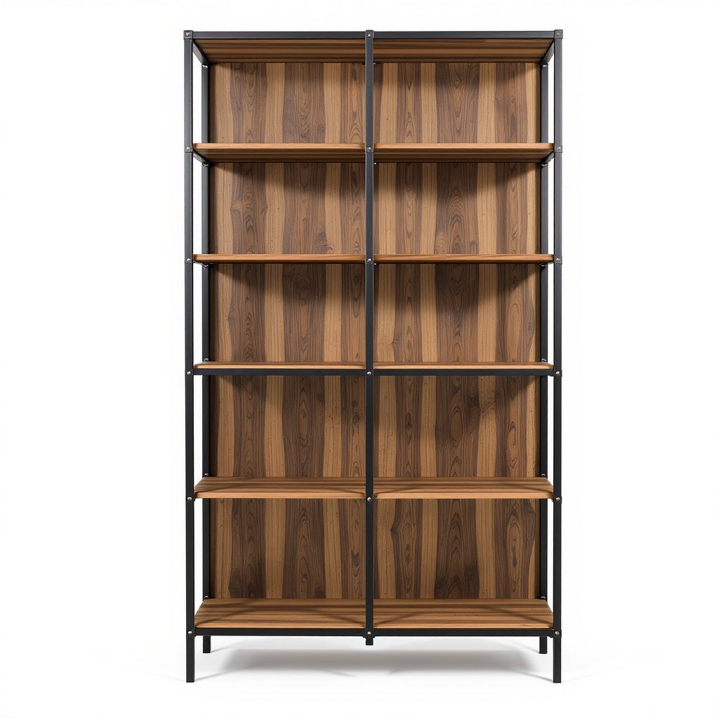 Metal and Wood Bookshelf – 36 x 12 x 60 Inches, Black and Wa