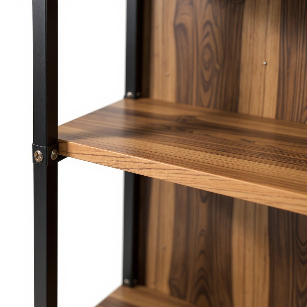 Metal and Wood Bookshelf โ 36 x 12 x 60 Inches, Black and Walnut, Industrial Style view 2