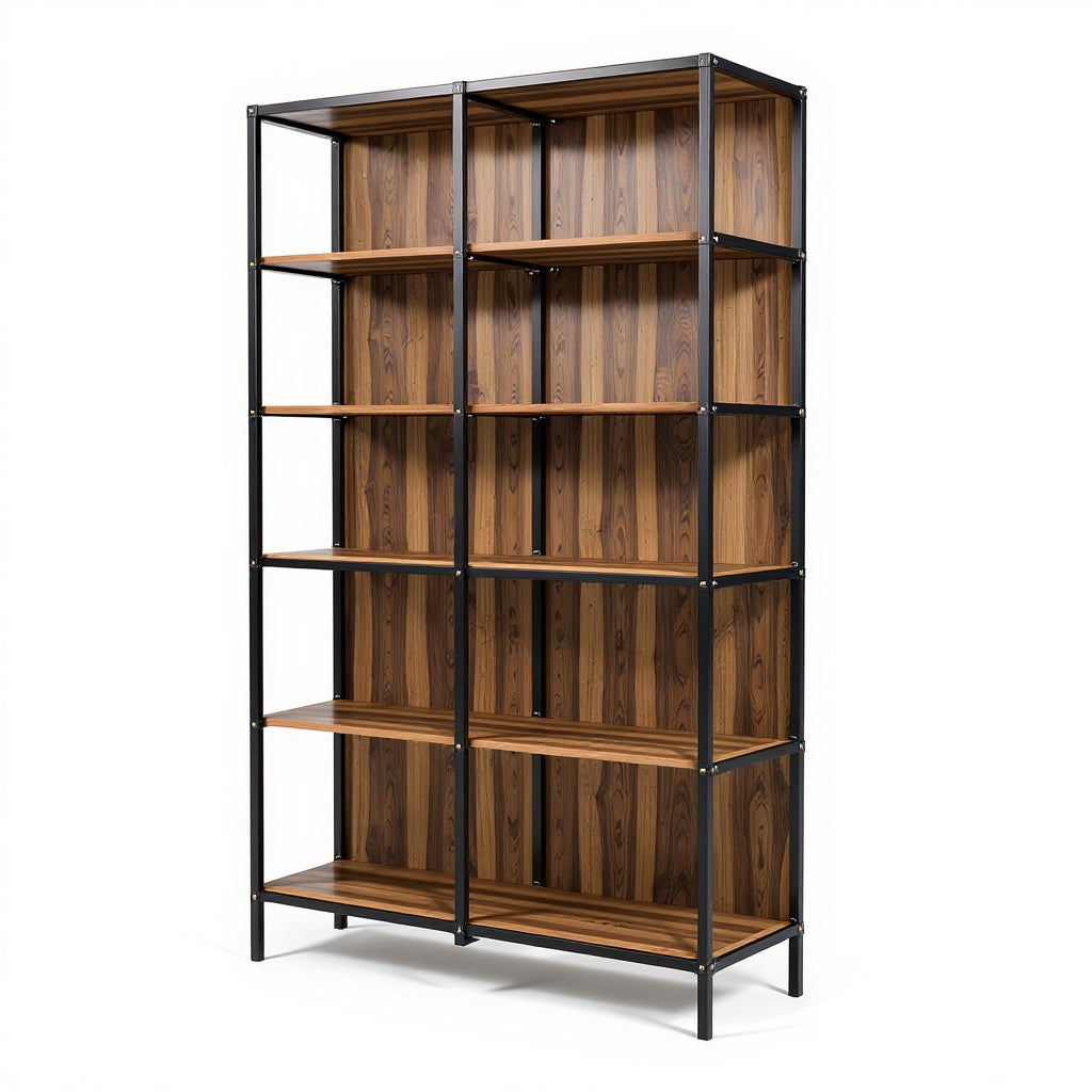 Metal and Wood Bookshelf โ 36 x 12 x 60 Inches, Black and Walnut, Industrial Style view 3