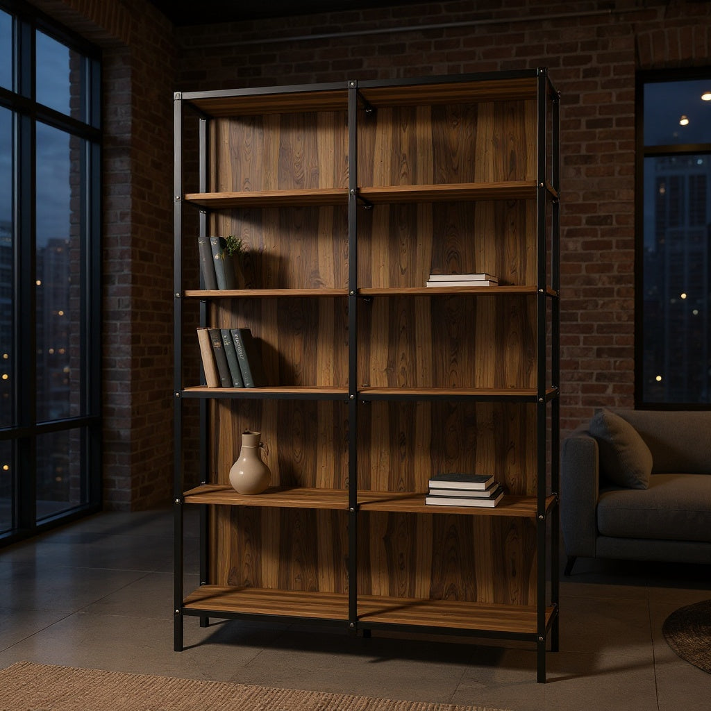 Metal and Wood Bookshelf โ 36 x 12 x 60 Inches, Black and Walnut, Industrial Style view 4