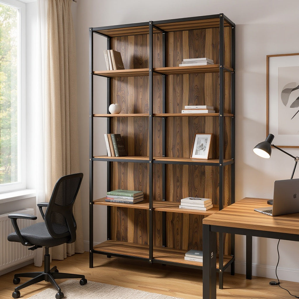 Metal and Wood Bookshelf โ 36 x 12 x 60 Inches, Black and Walnut, Industrial Style view 5
