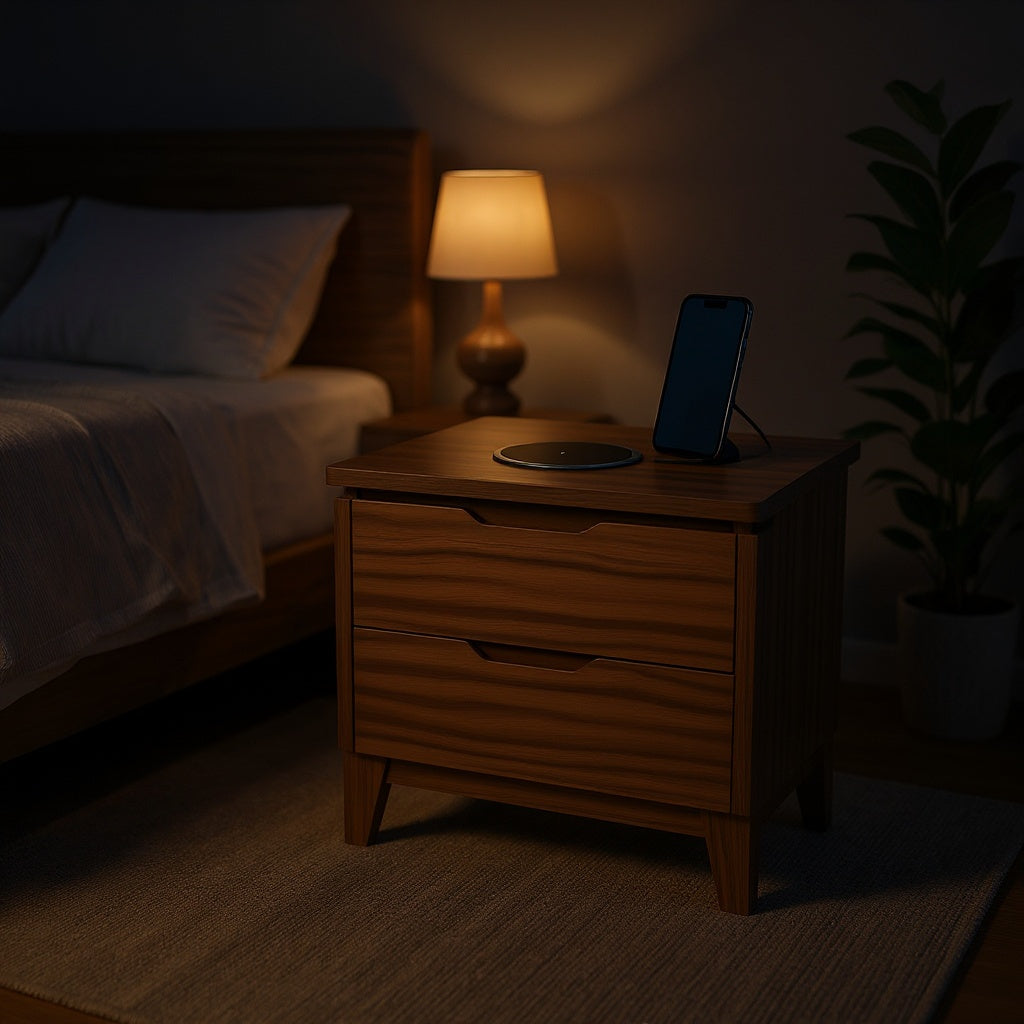 Smart Nightstand – Wireless Charging Station, 2 USB Ports, Walnut Finish view 4