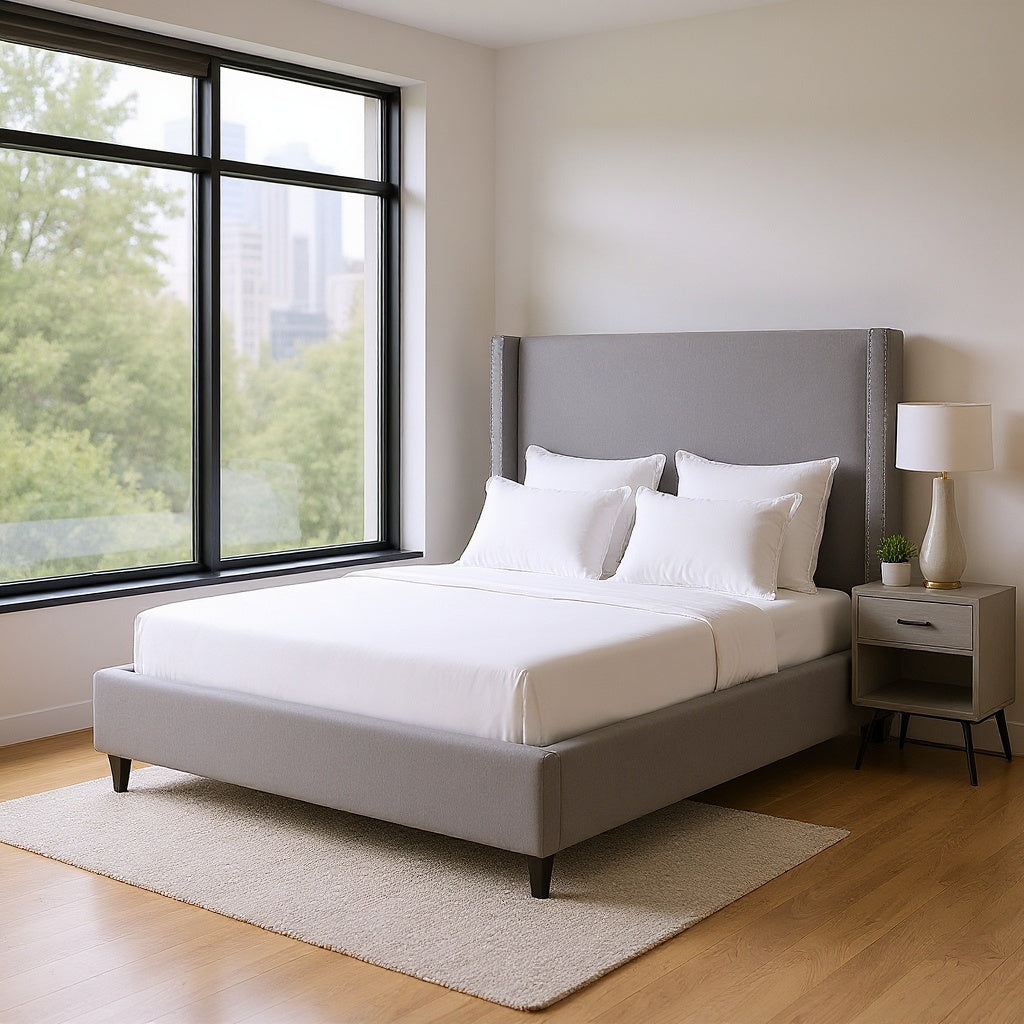 Upholstered Platform Bed – Foam Padded Headboard, Queen Size, Gray view 4