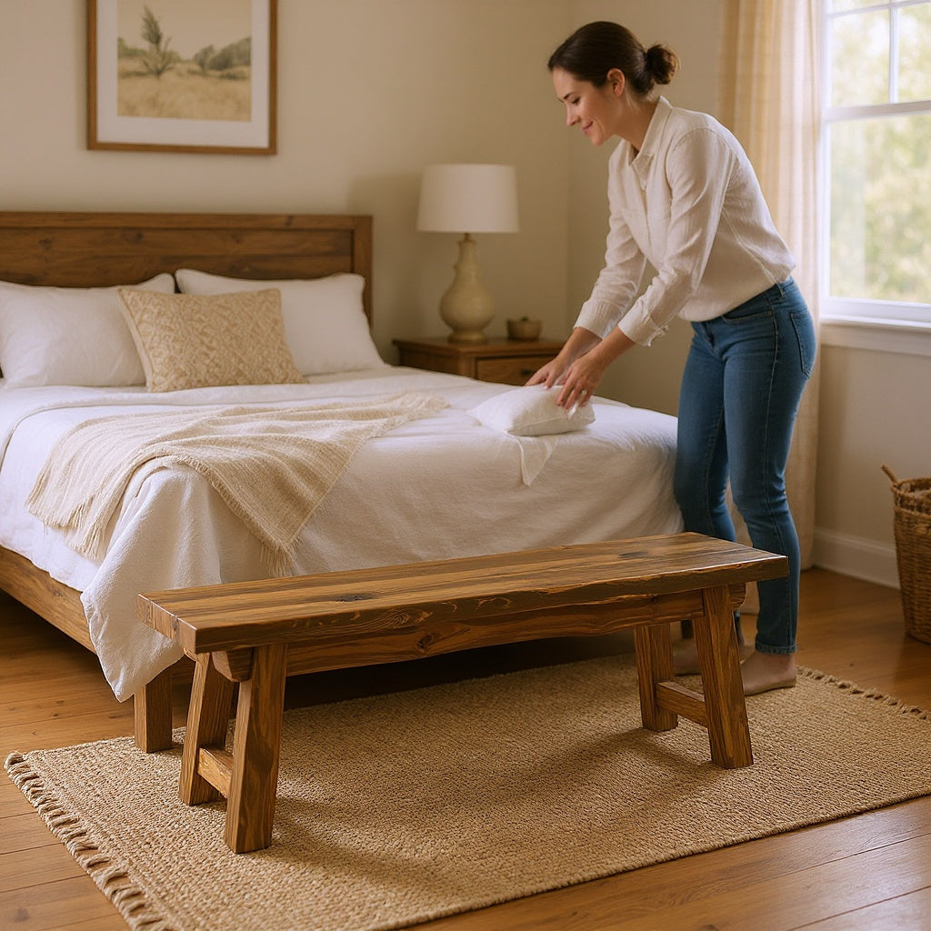Wood Bedroom Bench โ 48", Distressed Brown, Farmhouse Style view 4