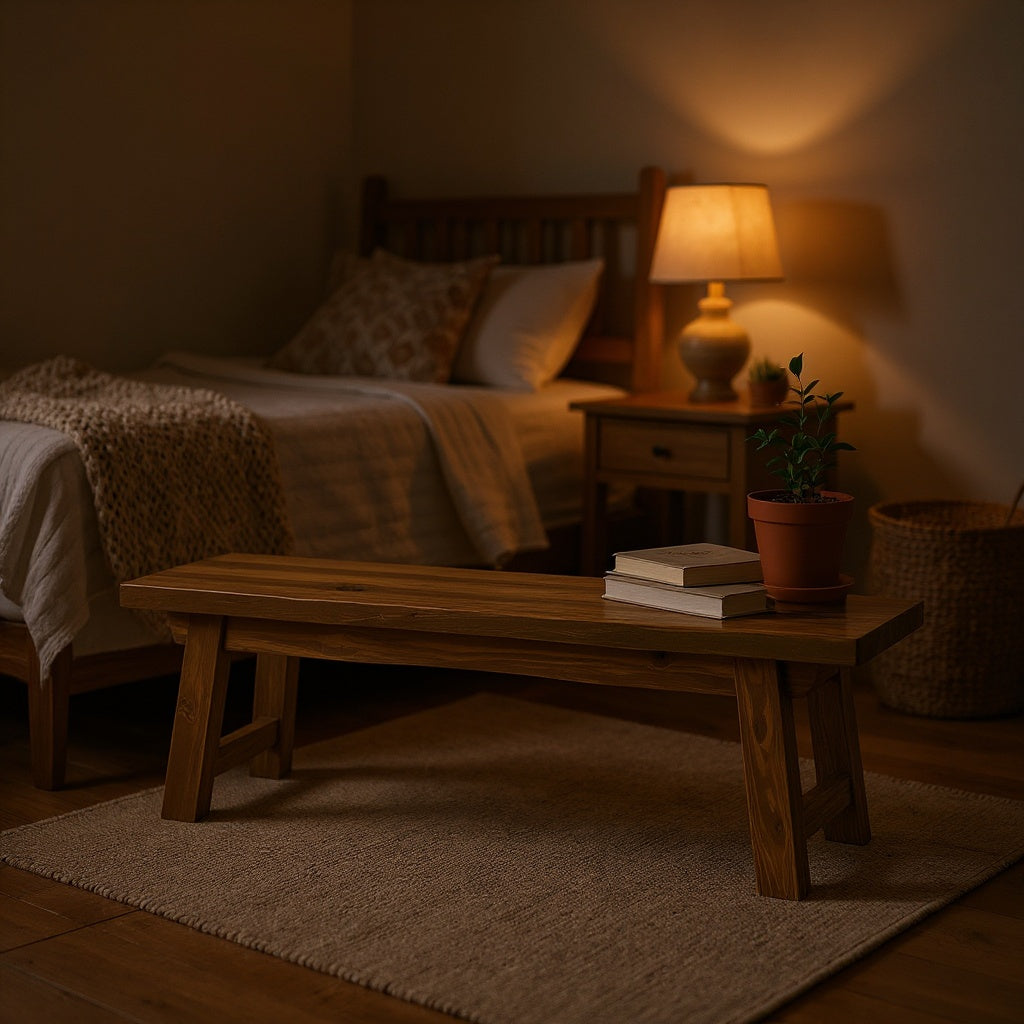 Wood Bedroom Bench โ 48", Distressed Brown, Farmhouse Style view 5
