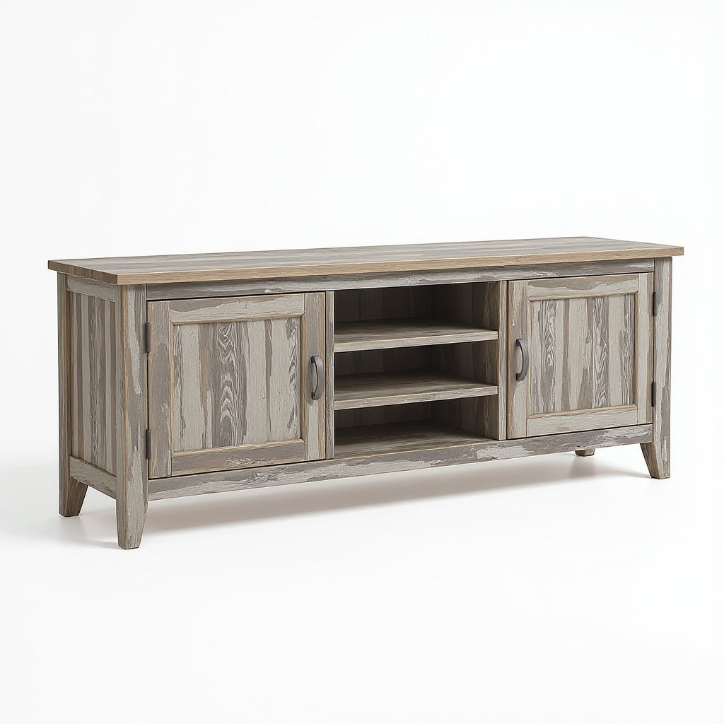 Wood Farmhouse Media Console – Rustic Distressed Finish, 60 Inches, Gray Wash view 3