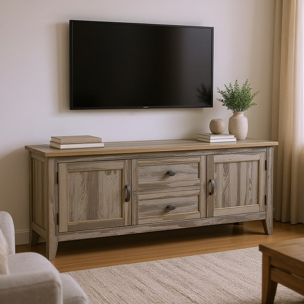 Wood Farmhouse Media Console – Rustic Distressed Finish, 60 Inches, Gray Wash view 4