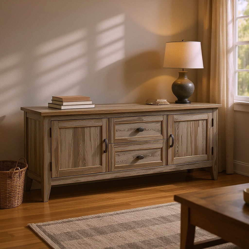 Wood Farmhouse Media Console – Rustic Distressed Finish, 60 Inches, Gray Wash view 5