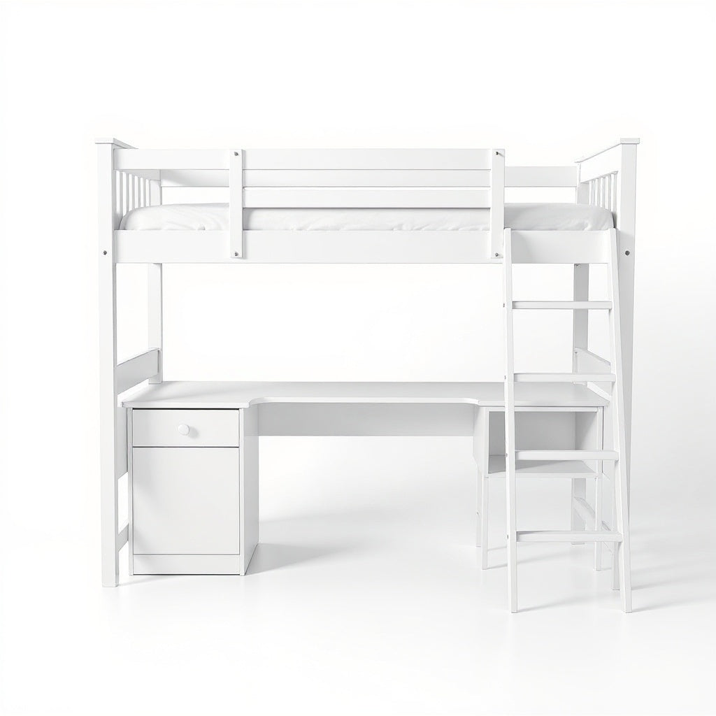 Wood Kids Bunk Bed with Desk โ 80 x 60 x 150 cm, White, Minimalist view 3