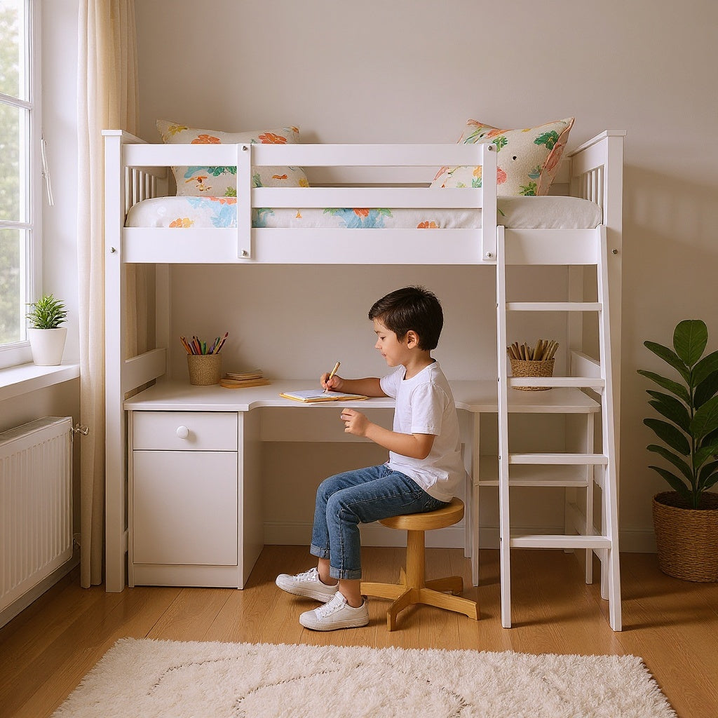 Wood Kids Bunk Bed with Desk โ 80 x 60 x 150 cm, White, Minimalist view 4