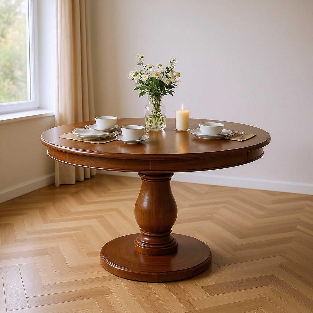 Wood Round Pedestal Dining Table – 48 x 48 x 30 in, Walnut Finish, Scandinavian Style view 4